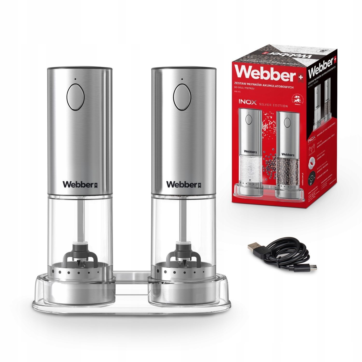 WEBBER Elektrische Peper- en Zoutmolen - USB Oplaadbare Set van 2