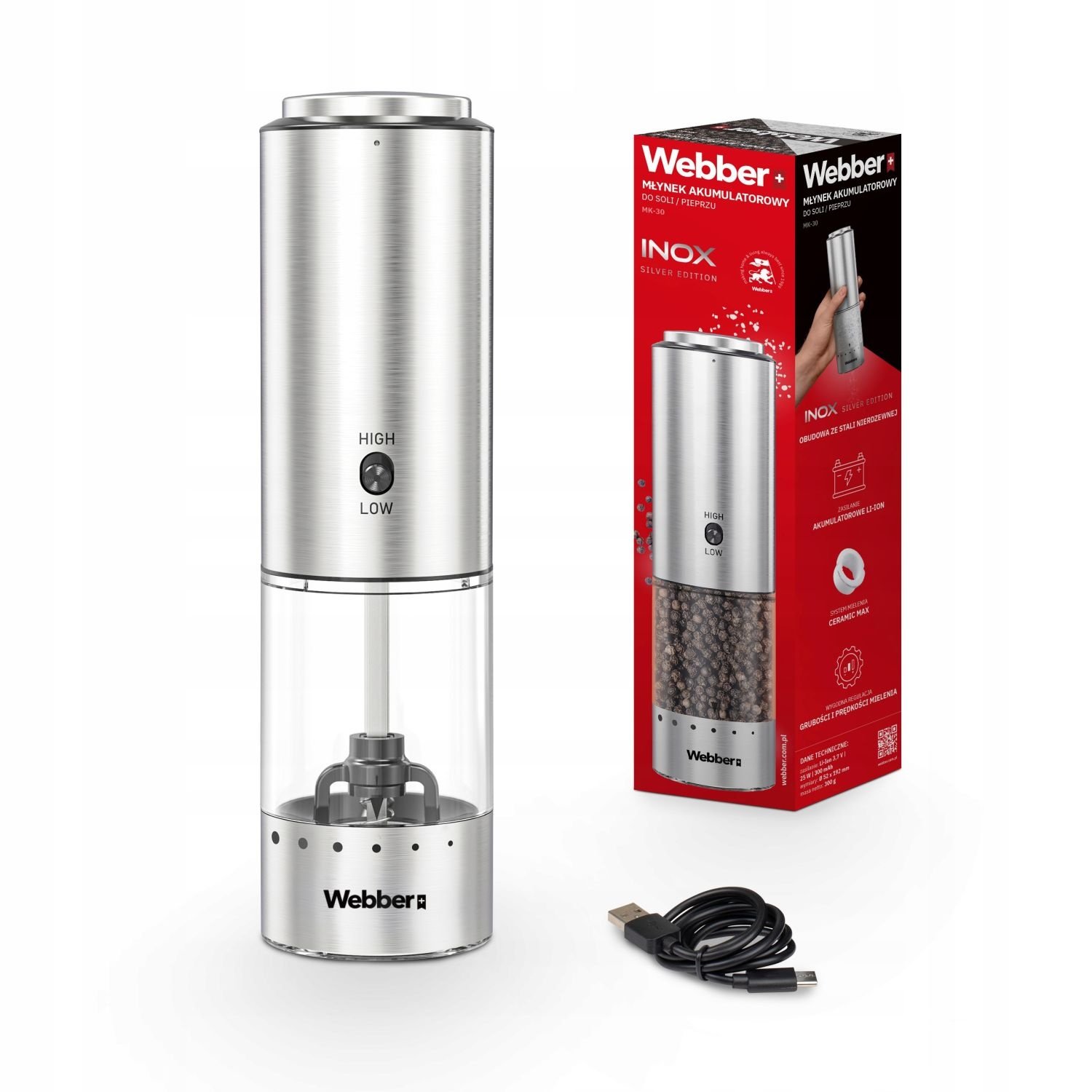 Webber Elektrische Peper- en Zoutmolen - USB Oplaadbaar & Keramisch