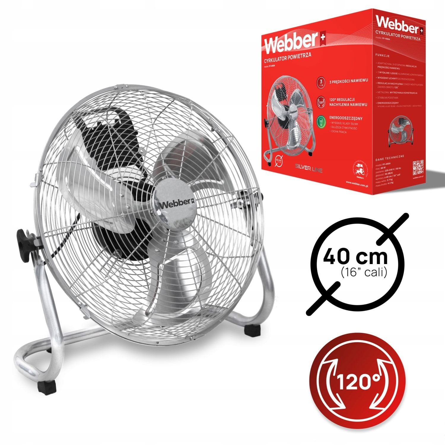 Webber FF400A Vloerventilator - Krachtige 80W Luchtcirculator 40cm
