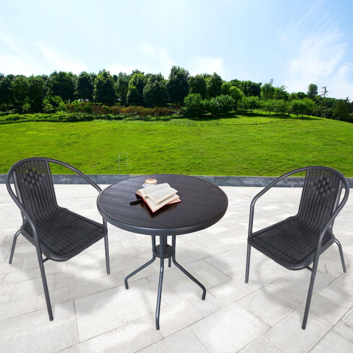 NUFORMA Polyrotan Tuinset Zwart - Tafel en 2 Stoelen voor Balkon