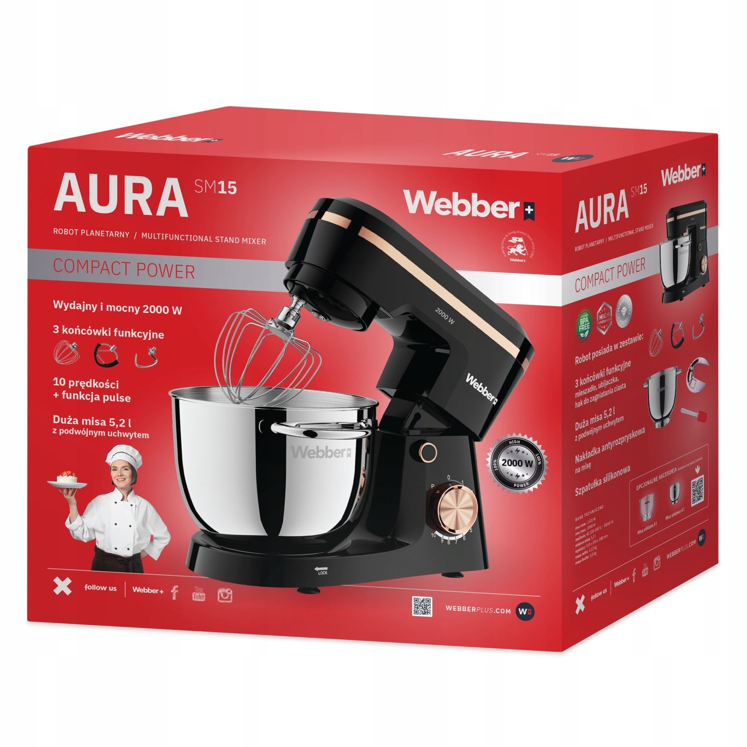 Webber Planetaire Keukenrobot AURA SM15 - 2000W met 5,2L RVS Mengkom