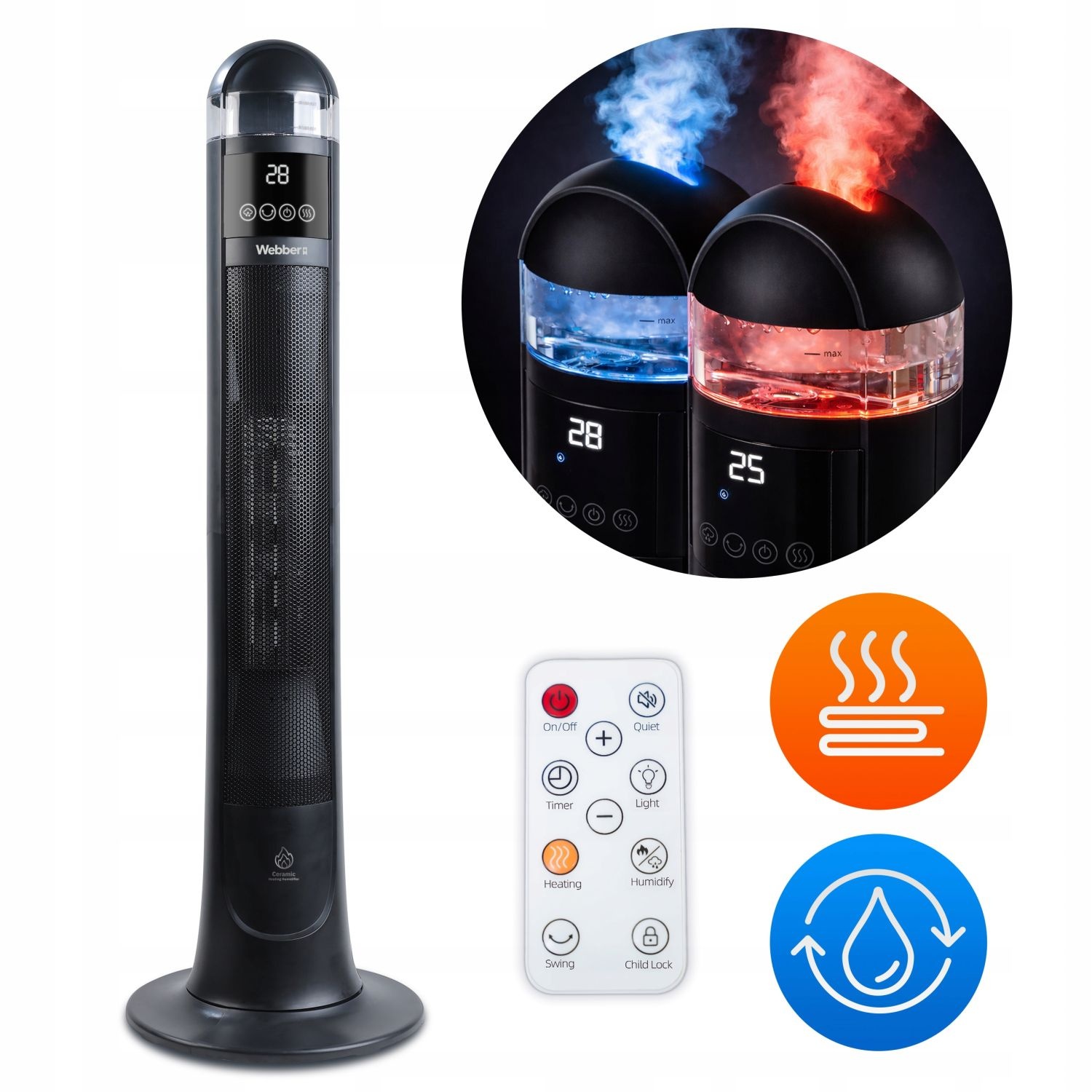 Webber ETNA TH2200B Keramische Kolomkachel - 2200W met Bevochtiger