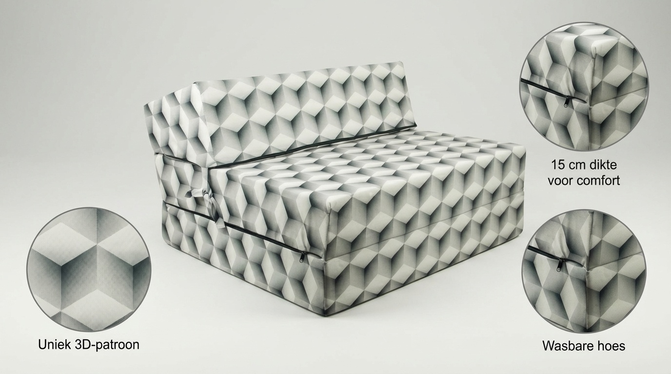 Logeermatras 3D kubus - opvouwbaar matras -90x200x15 cm - campingmatras