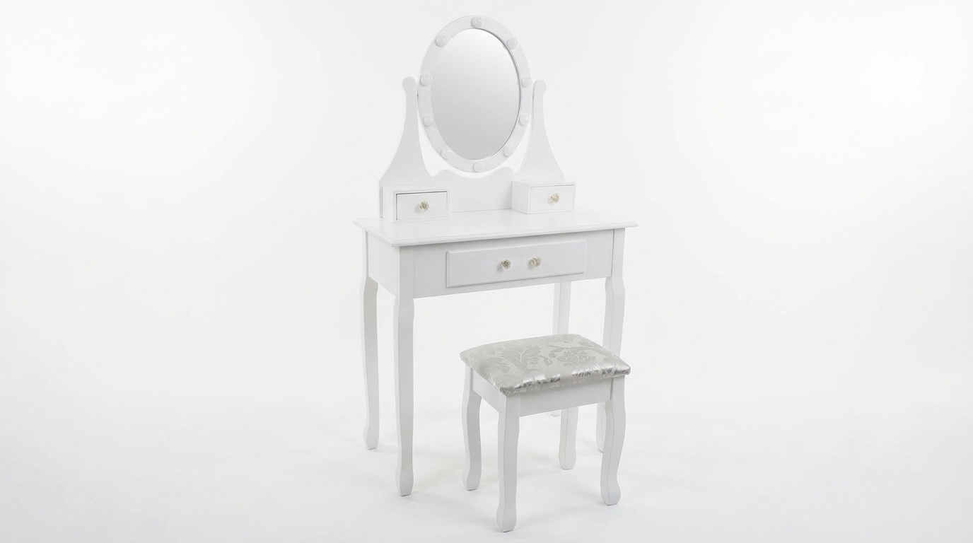 Houten kaptafel wit met LED-verlichte spiegel en krukje - 80x40x137 cm