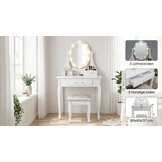 Houten kaptafel wit met LED-verlichte spiegel en krukje - 80x40x137 cm