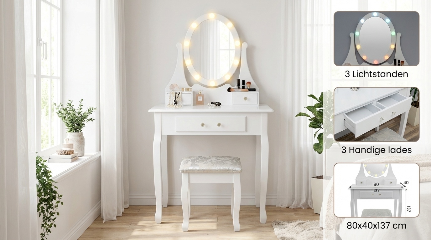 Houten kaptafel wit met LED-verlichte spiegel en krukje - 80x40x137 cm