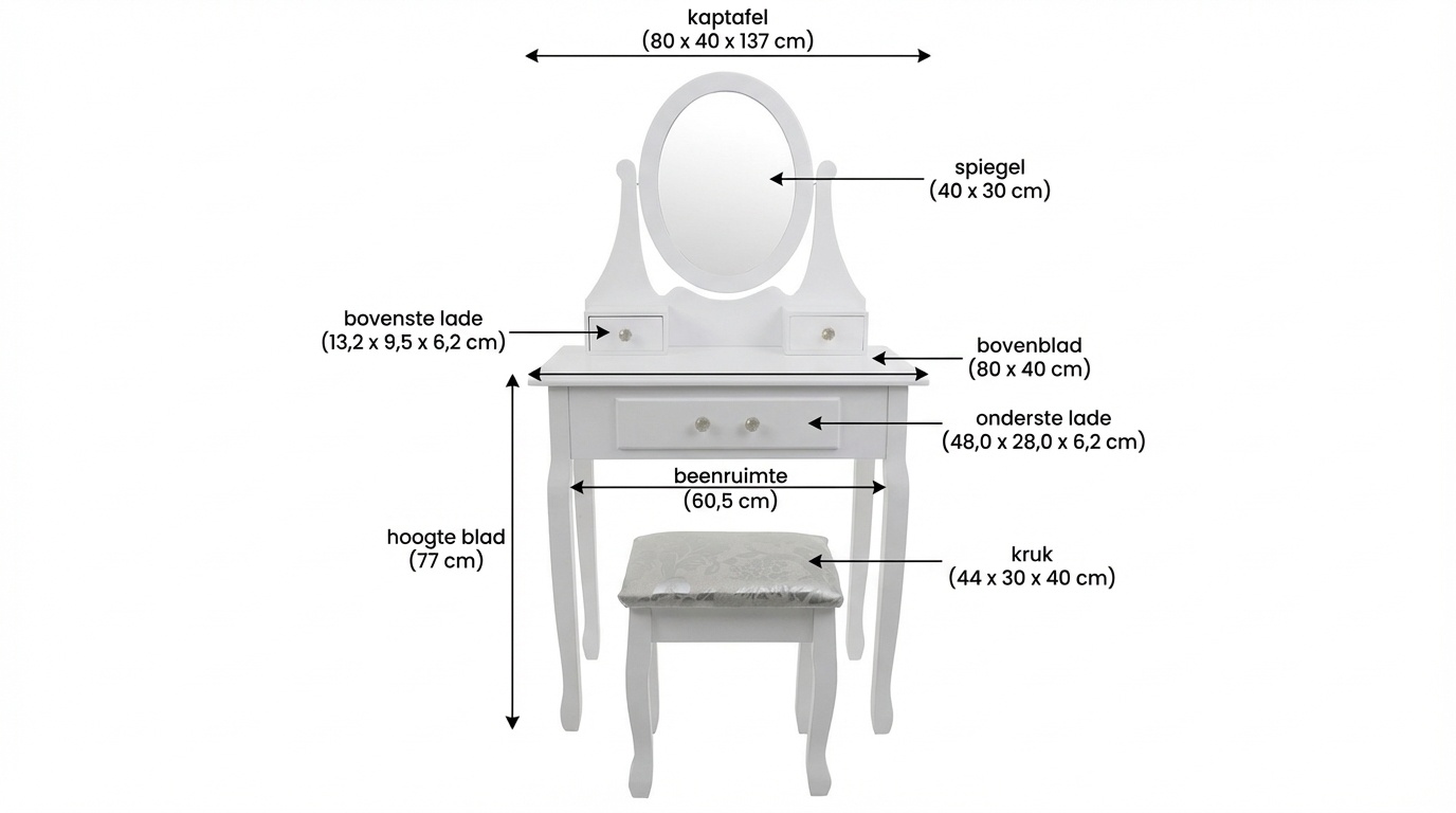 Houten kaptafel wit met LED-verlichte spiegel en krukje - 80x40x137 cm