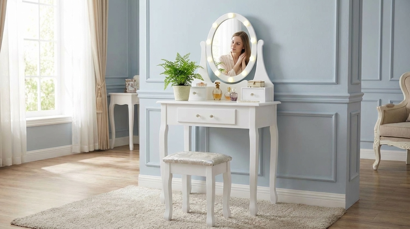 Houten kaptafel wit met LED-verlichte spiegel en krukje - 80x40x137 cm