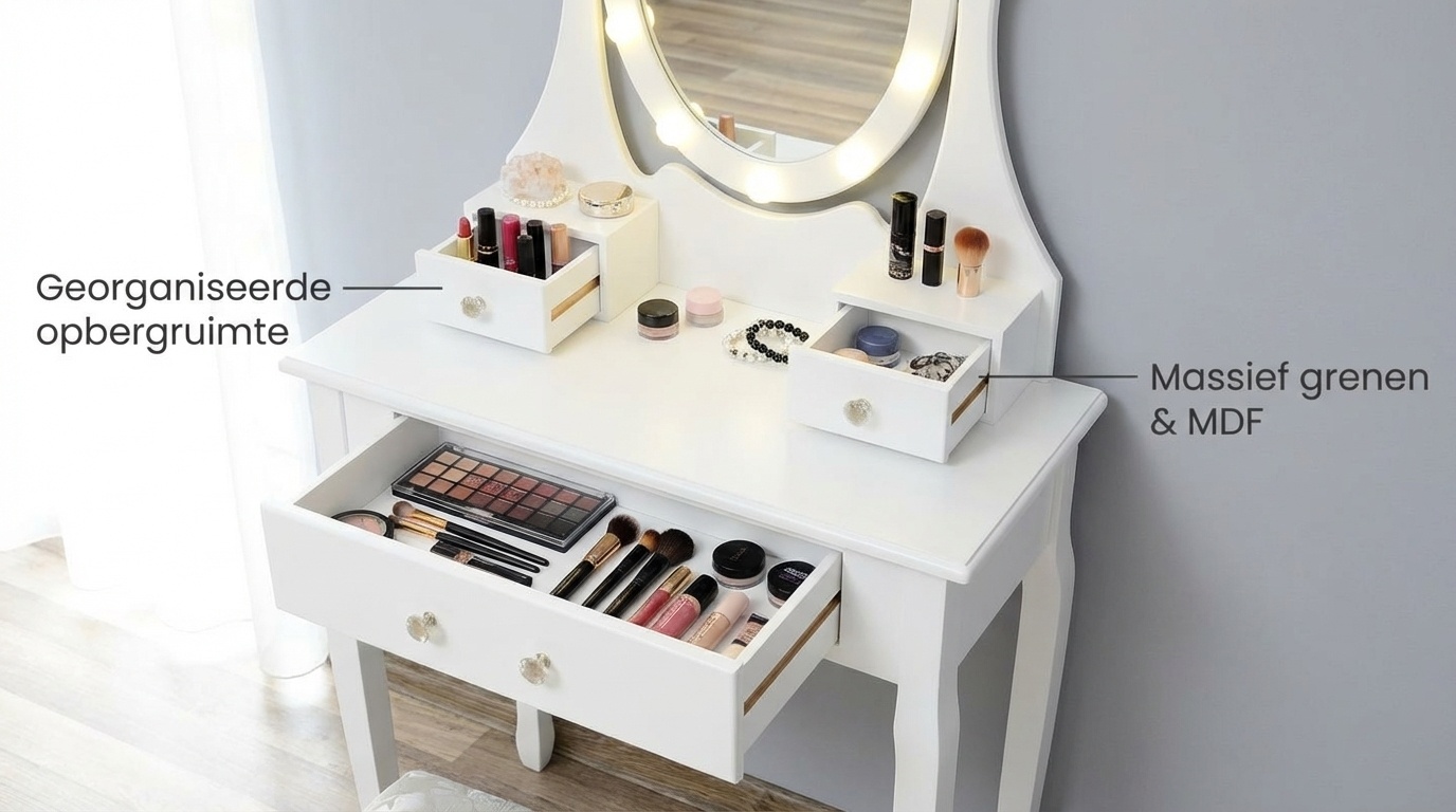 Houten kaptafel wit met LED-verlichte spiegel en krukje - 80x40x137 cm