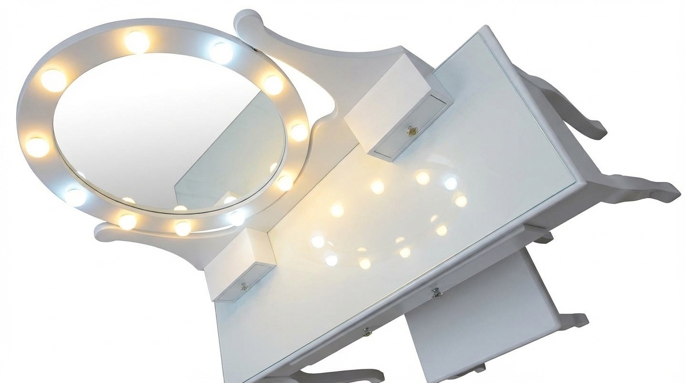 Houten kaptafel wit met LED-verlichte spiegel en krukje - 80x40x137 cm