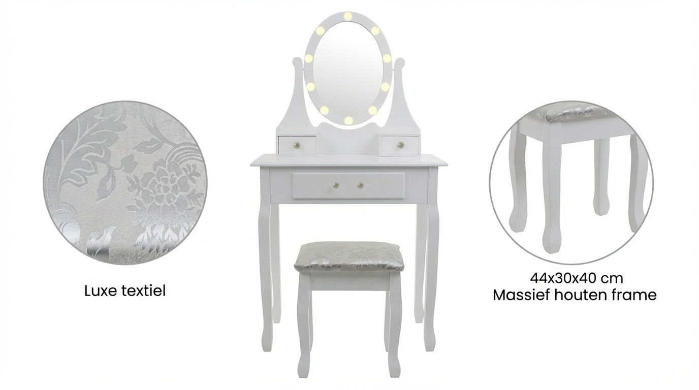 Houten kaptafel wit met LED-verlichte spiegel en krukje - 80x40x137 cm