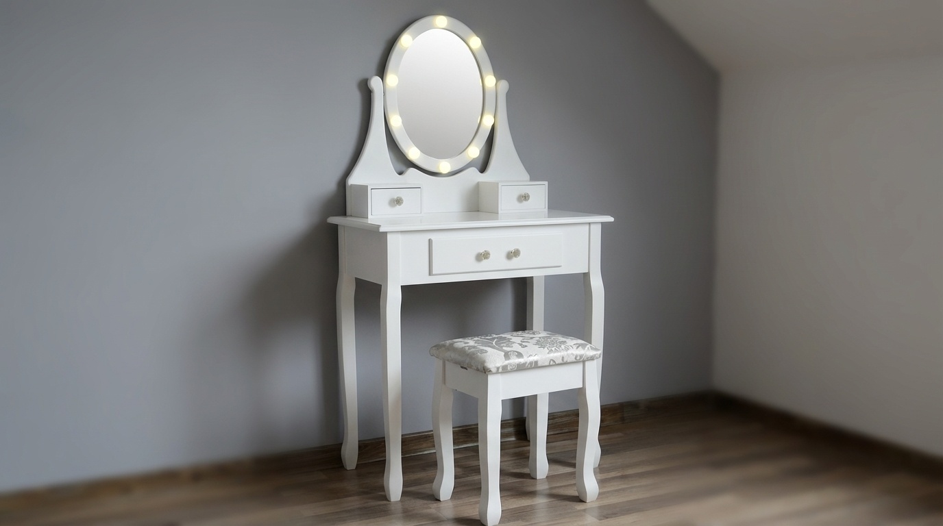 Houten kaptafel wit met LED-verlichte spiegel en krukje - 80x40x137 cm