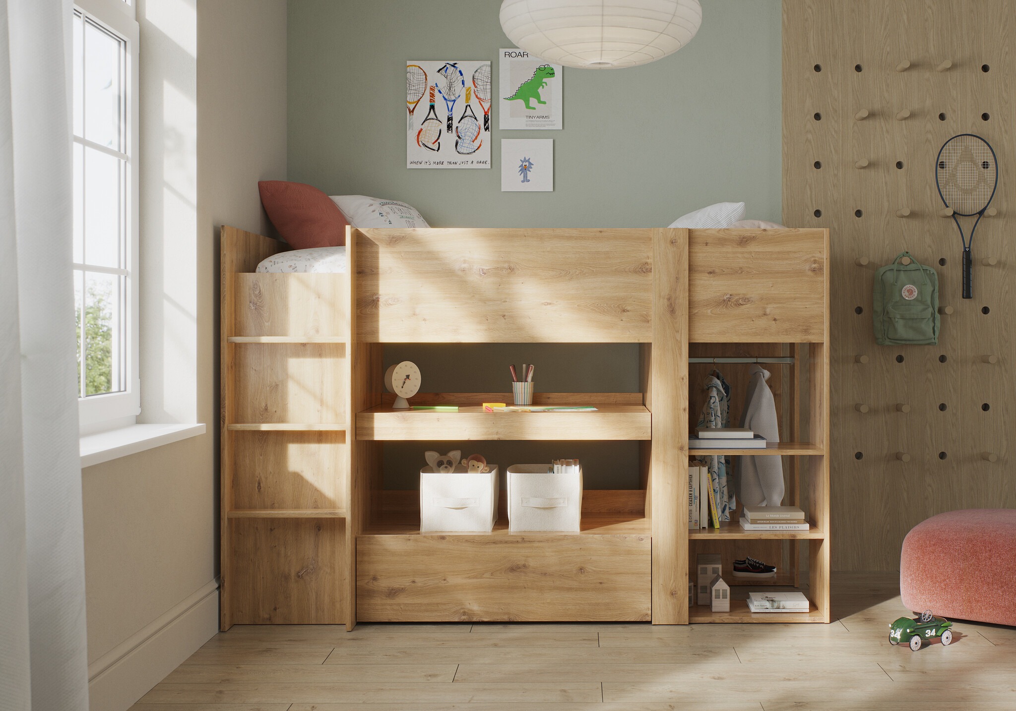 Halfhoogslaper - met bureau en kast - 90x200 cm - artisan eiken