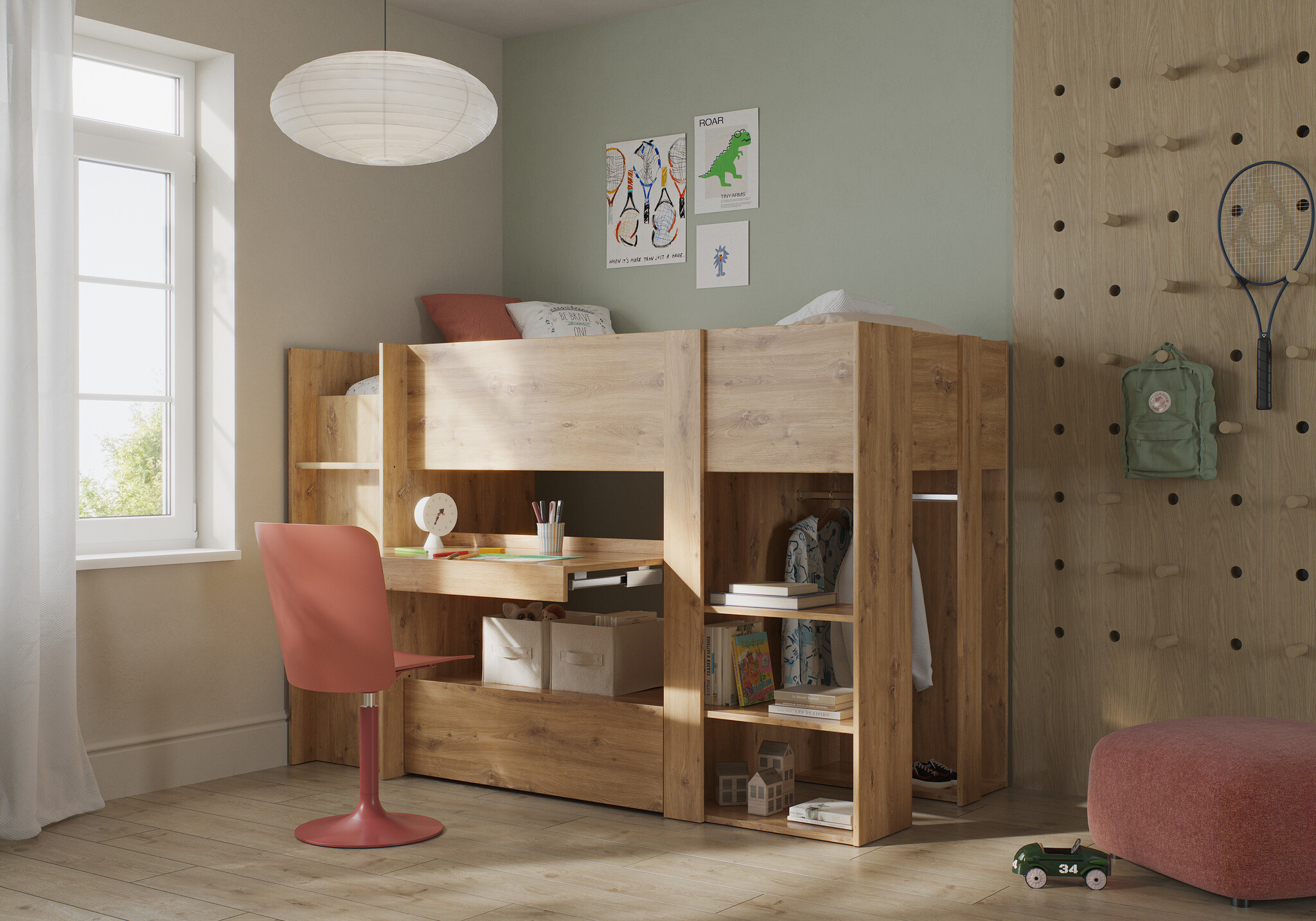 Halfhoogslaper - met bureau en kast - 90x200 cm - artisan eiken