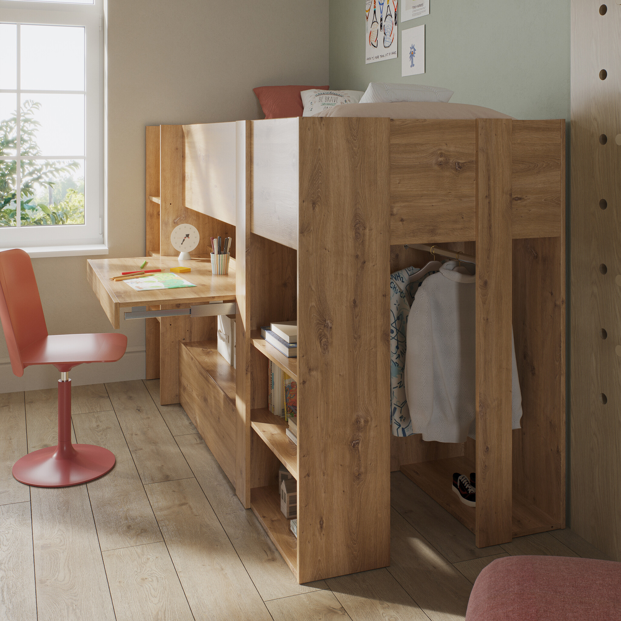 Halfhoogslaper - met bureau en kast - 90x200 cm - artisan eiken