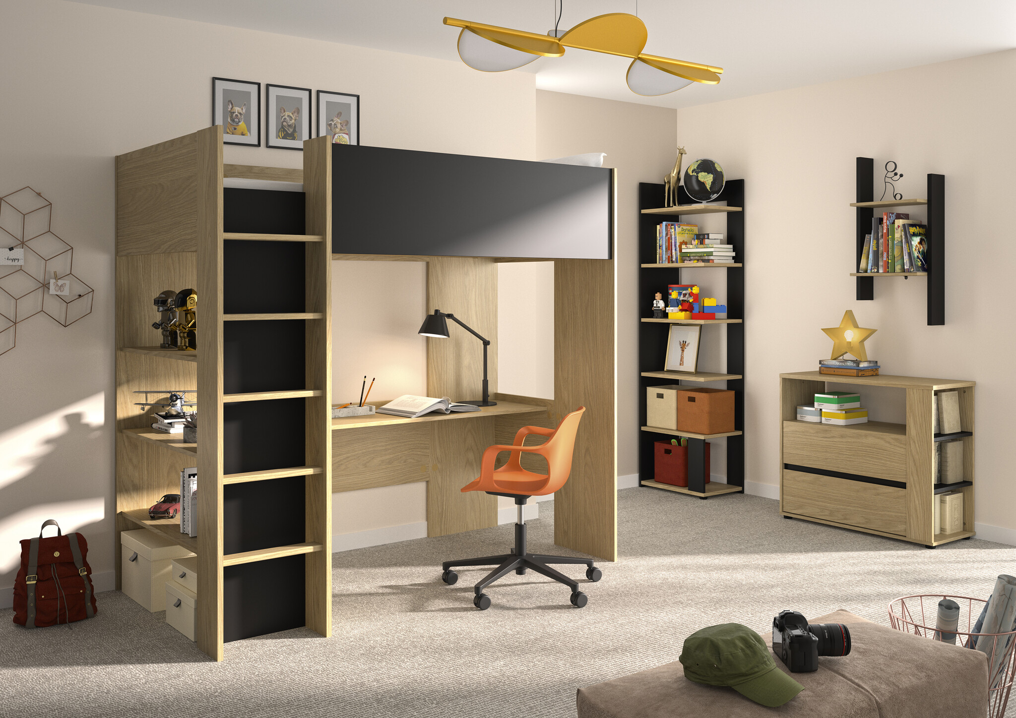 Hoogslaper - NAEL - 90x200 cm - met bureau - rookwood eiken