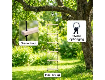 Touwladder - 6 sporten - 35x200 cm - tot 100 kg - grenenhout