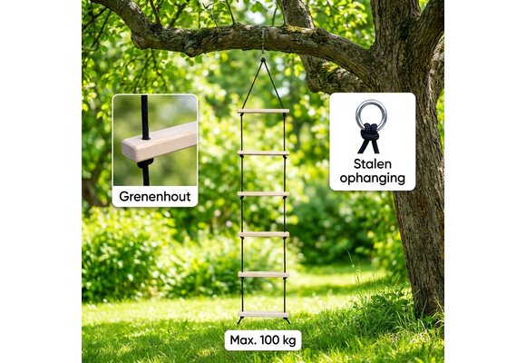 Touwladder - 6 sporten - 35x200 cm - tot 100 kg - grenenhout