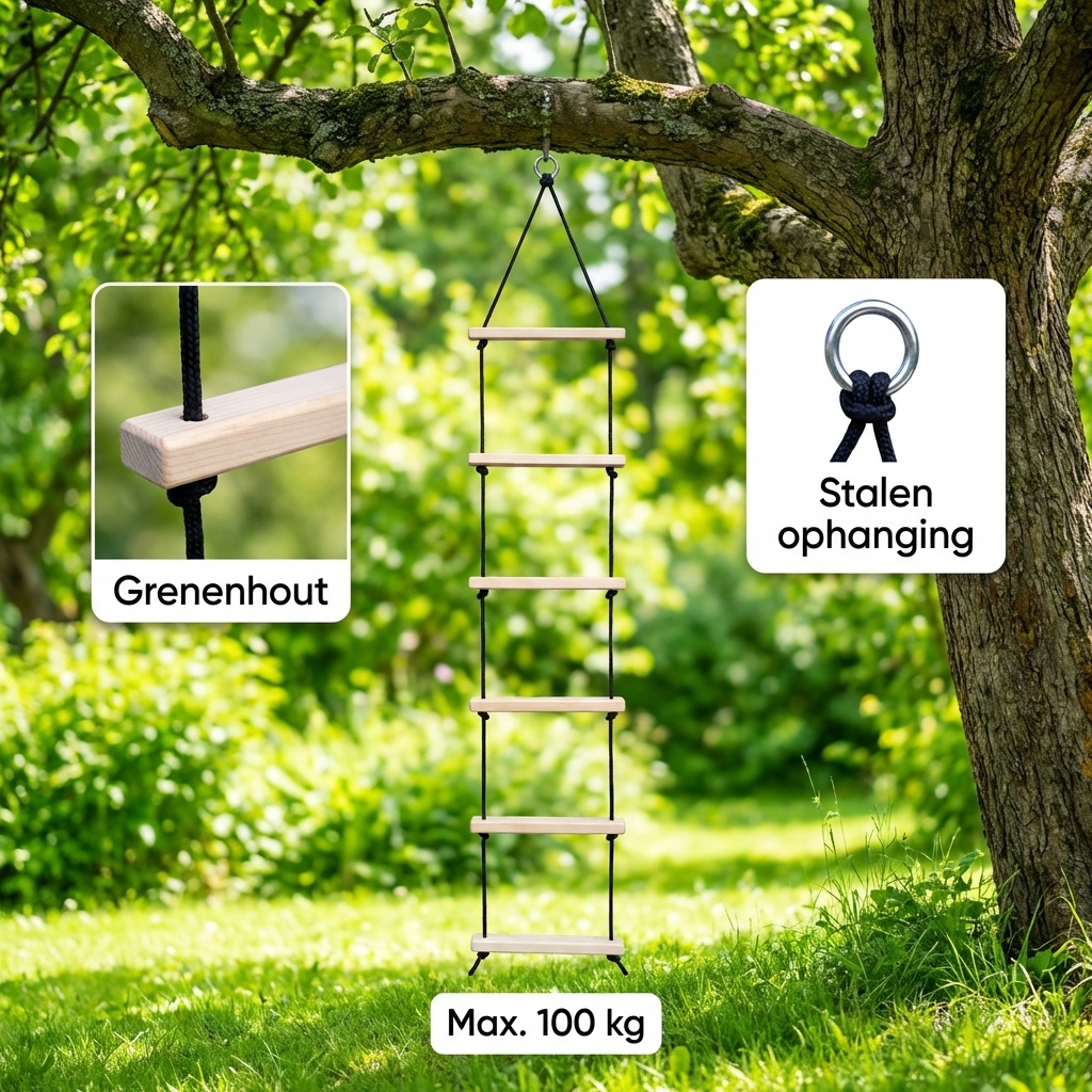 Touwladder - 6 sporten - 35x200 cm - tot 100 kg - grenenhout