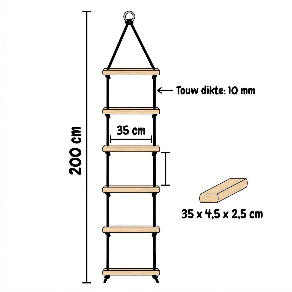 Touwladder - 6 sporten - 35x200 cm - tot 100 kg - grenenhout