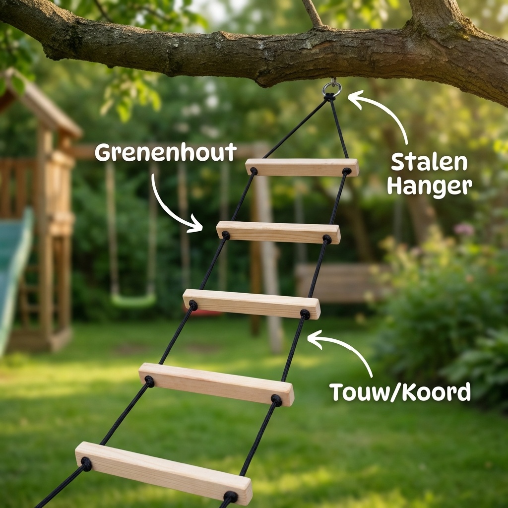 Touwladder - 6 sporten - 35x200 cm - tot 100 kg - grenenhout