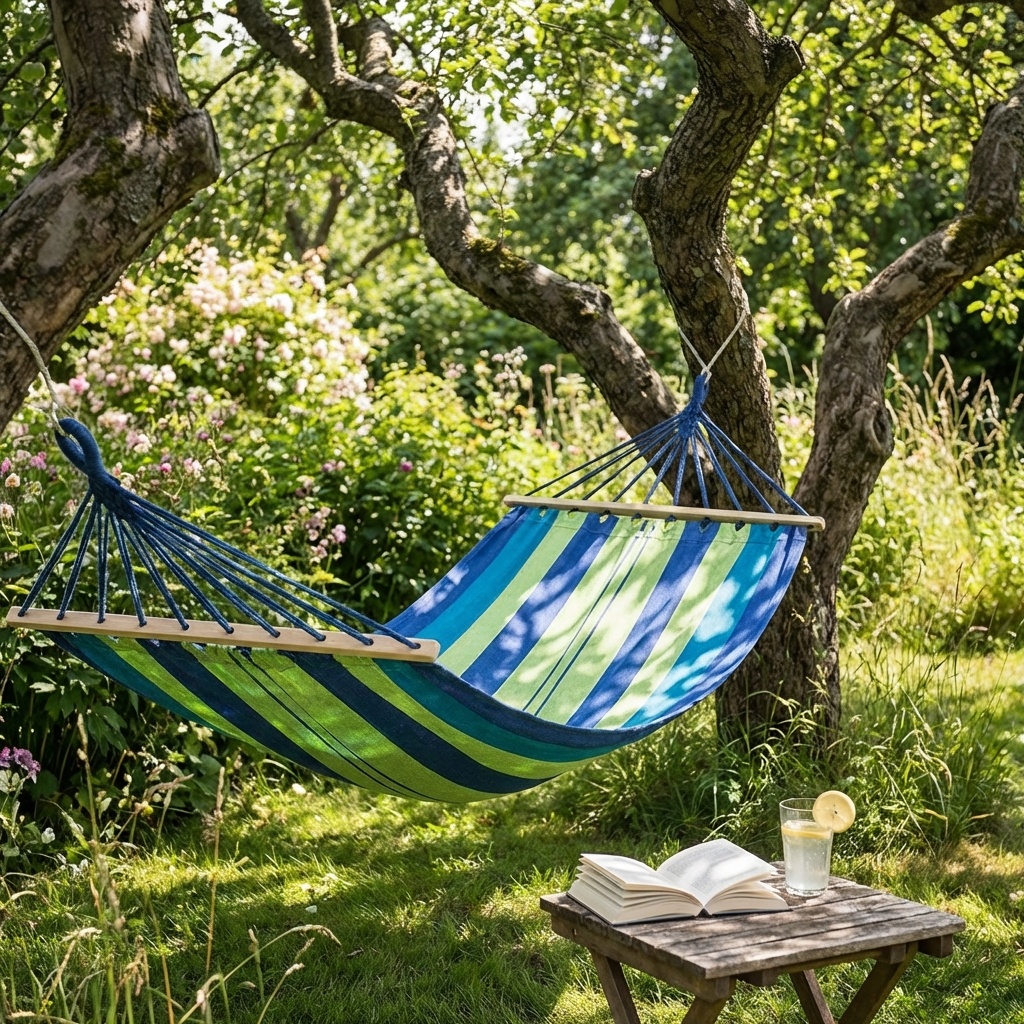 Hangmat 200 x 80 cm met dwarsstang – Groen blauw gestreept