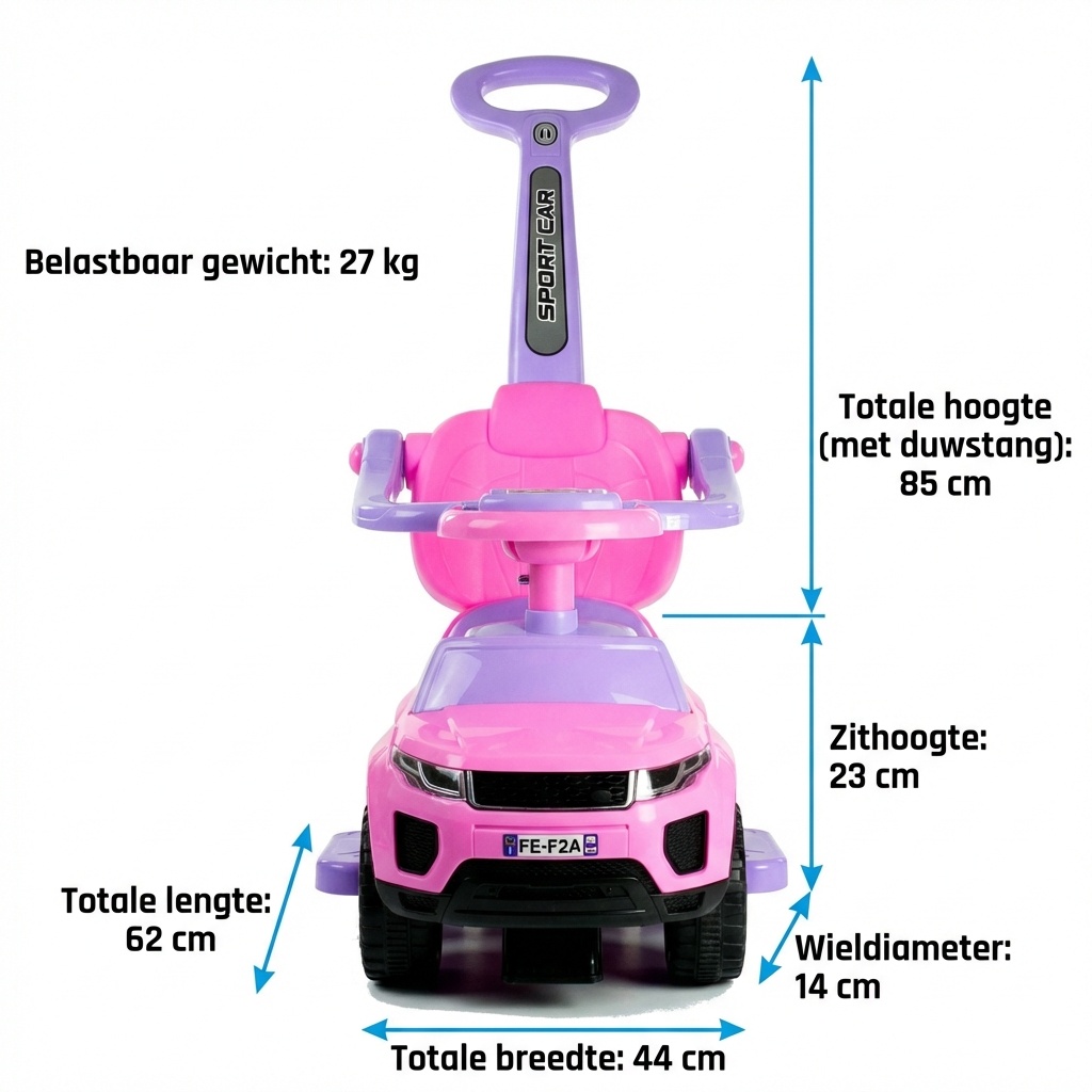 Loopauto - met duwstang - 62x44x85 cm - roze - tot 27 kg