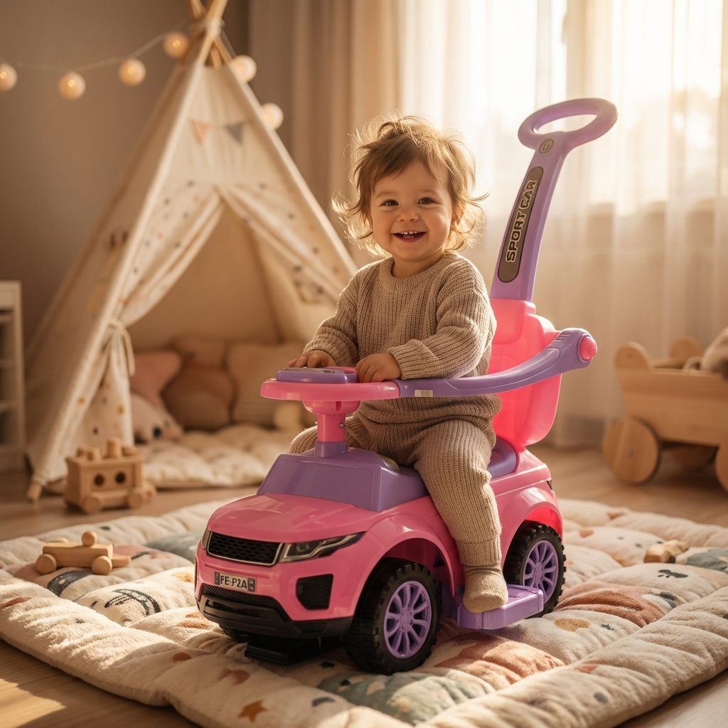 Loopauto - met duwstang - 62x44x85 cm - roze - tot 27 kg