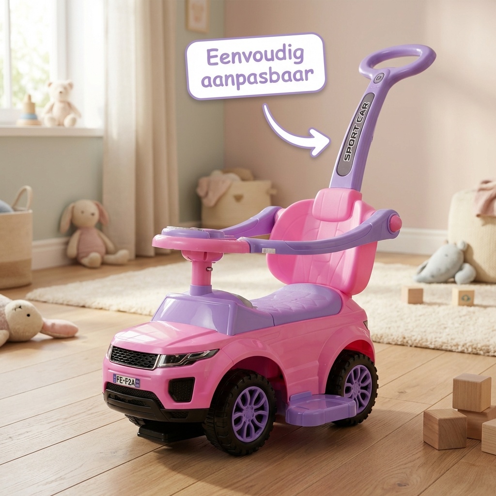 Loopauto - met duwstang - 62x44x85 cm - roze - tot 27 kg