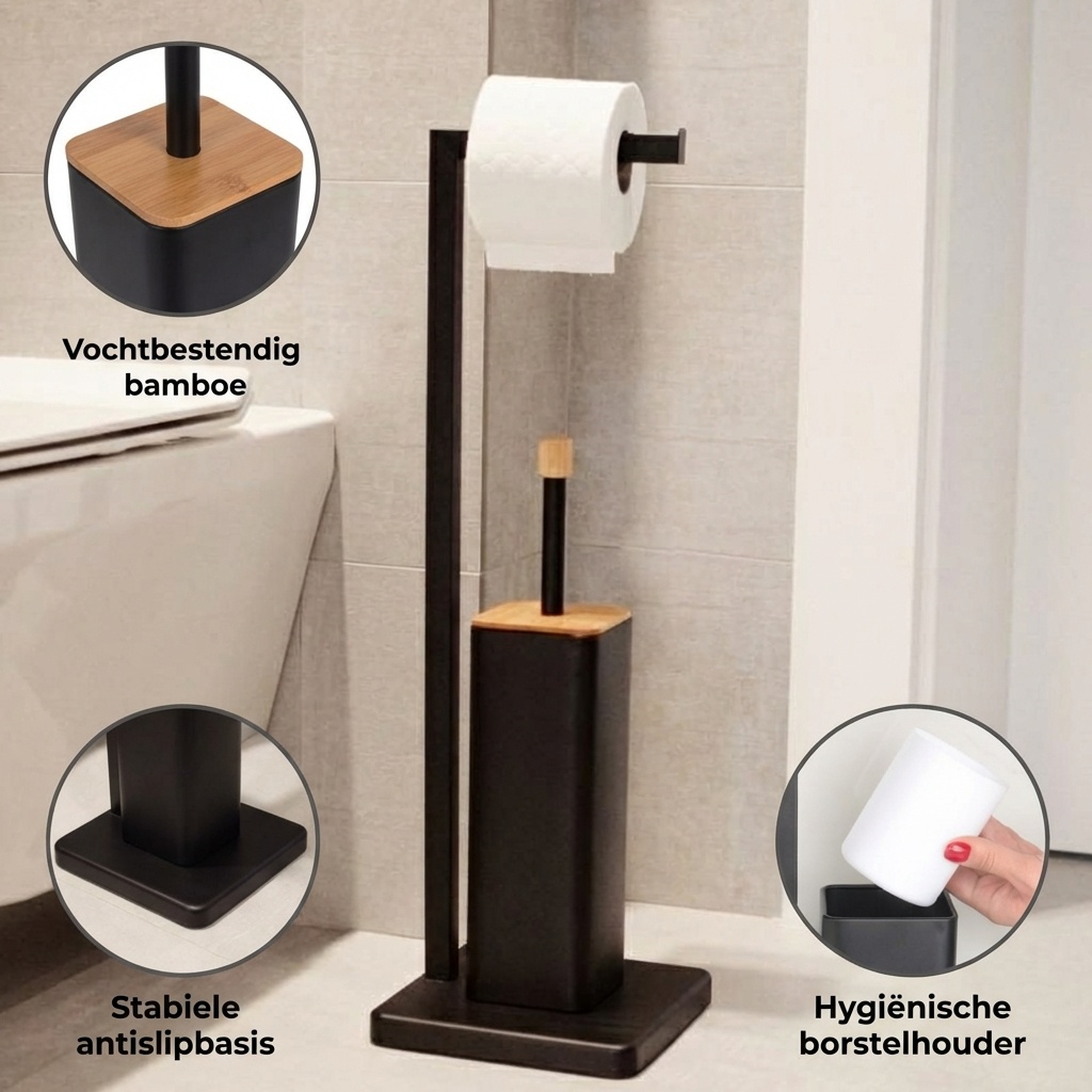 WC rolhouder staand met toiletborstel - 20x64cm - zwart bamboe