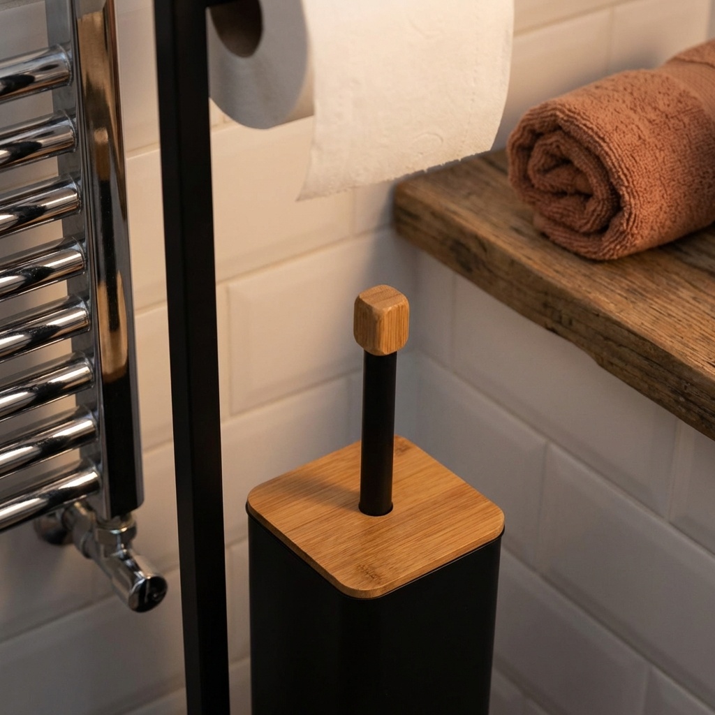 WC rolhouder staand met toiletborstel - 20x64cm - zwart bamboe