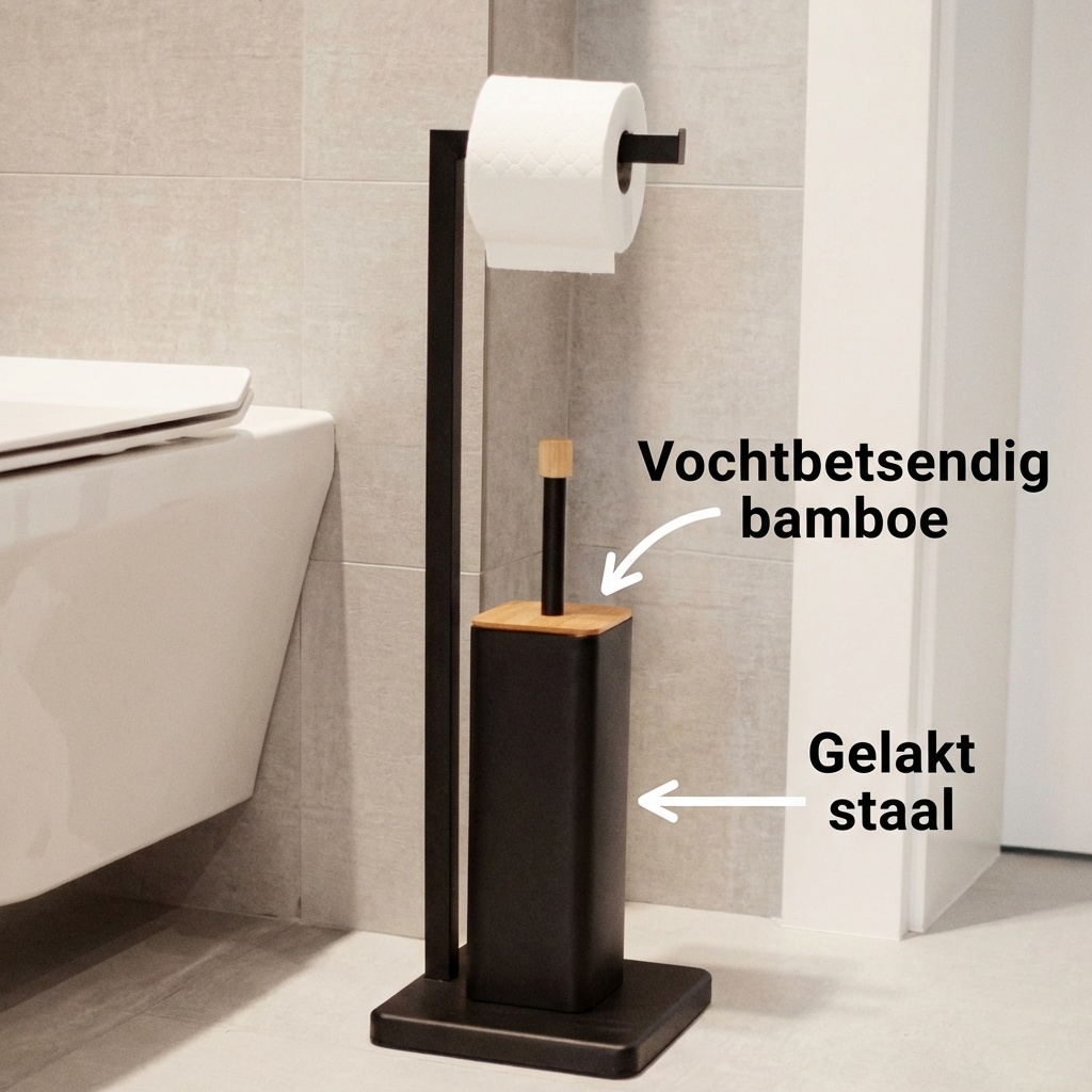 WC rolhouder staand met toiletborstel - 20x64cm - zwart bamboe