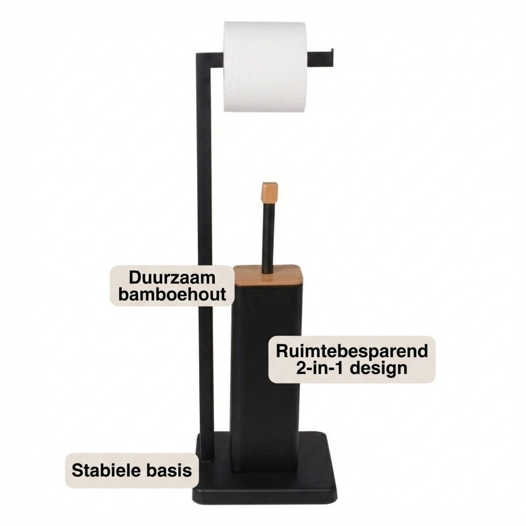 WC rolhouder staand met toiletborstel - 20x64cm - zwart bamboe