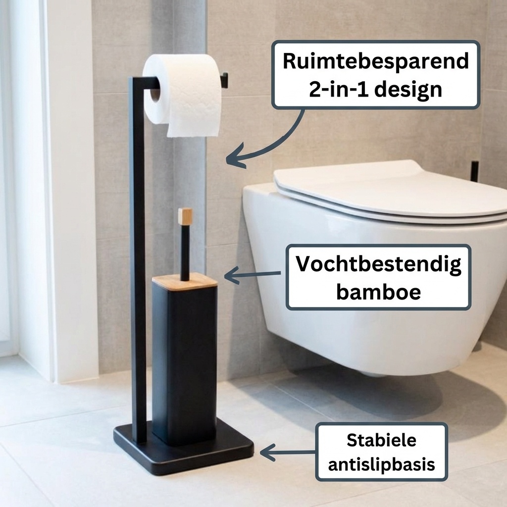 WC rolhouder staand met toiletborstel - 20x64cm - zwart bamboe