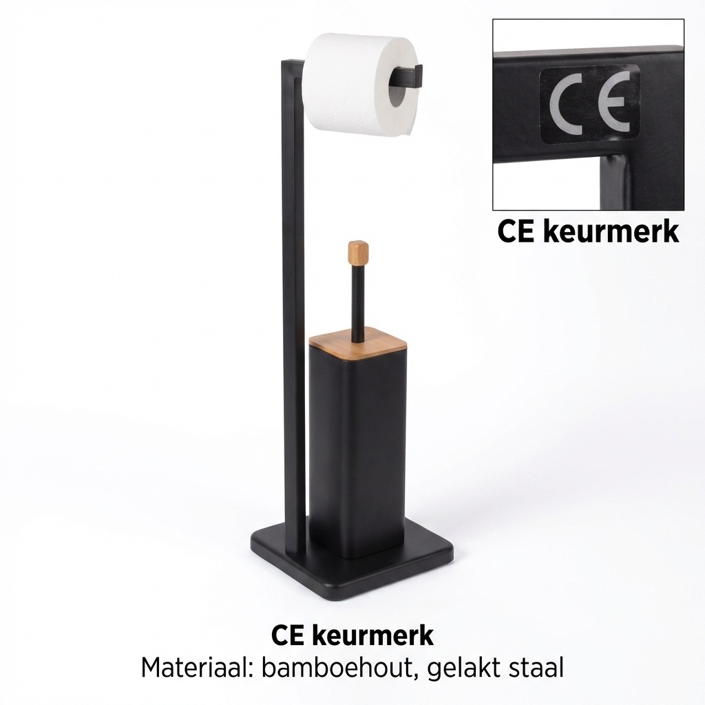 WC rolhouder staand met toiletborstel - 20x64cm - zwart bamboe
