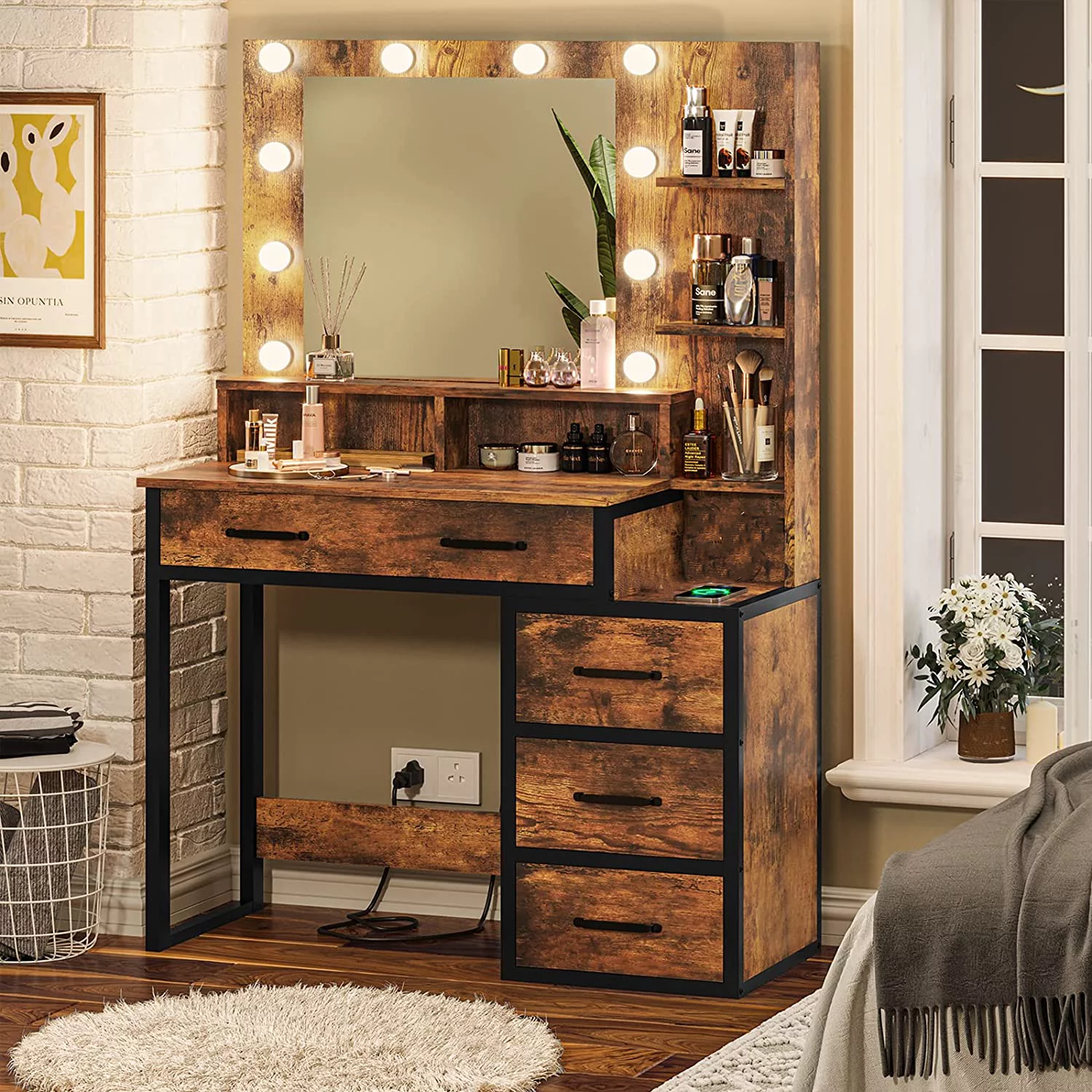 Kaptafel - met spiegel en licht - 92x40x143,5 cm - industrieel