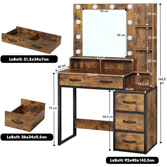 Kaptafel - met spiegel en licht - 92x40x143,5 cm - industrieel