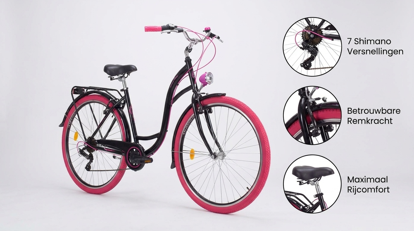 Meisjesfiets 26 inch - stadsfiets 7 versnellingen - zwart roze