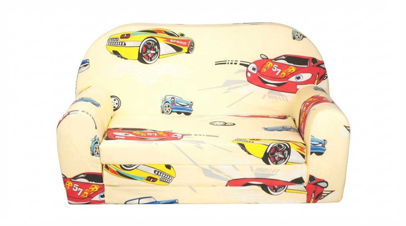 Kinder Slaapbank en logeerbed in één - 85cm x 60cm - Auto's beige