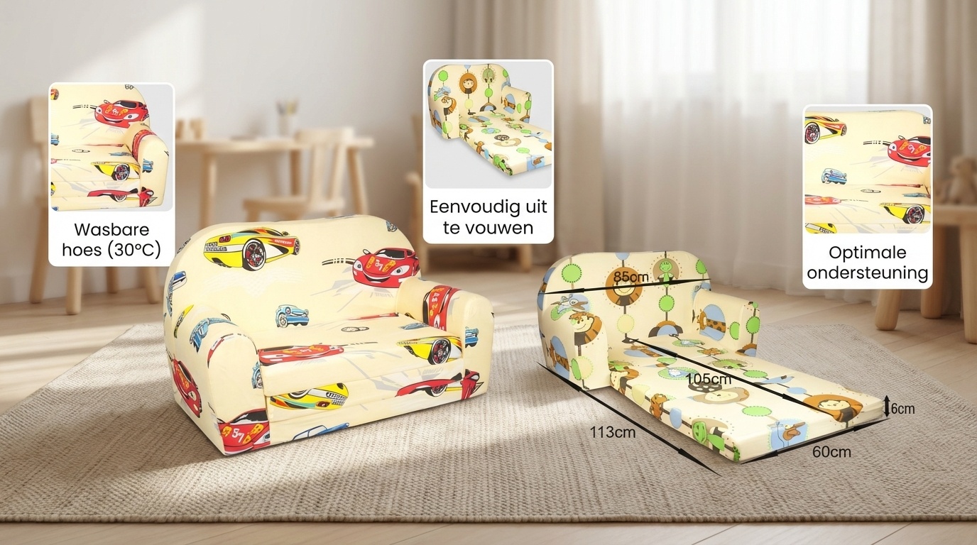 Kinder Slaapbank en logeerbed in één - 85cm x 60cm - Auto's beige