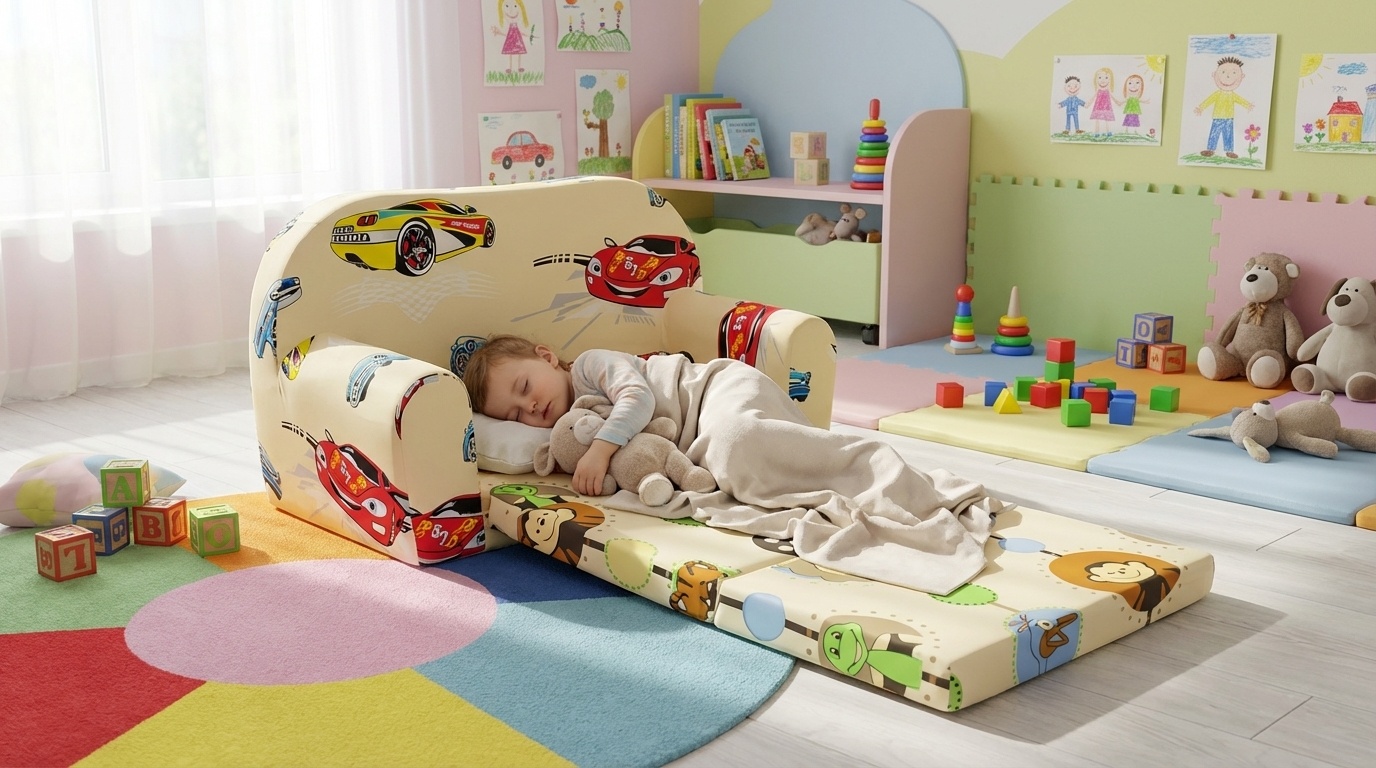 Kinder Slaapbank en logeerbed in één - 85cm x 60cm - Auto's beige