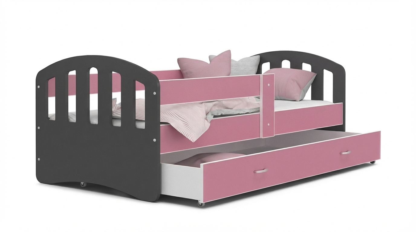 Kinderbed grijs roze | 140x80cm | Houten bed met lade