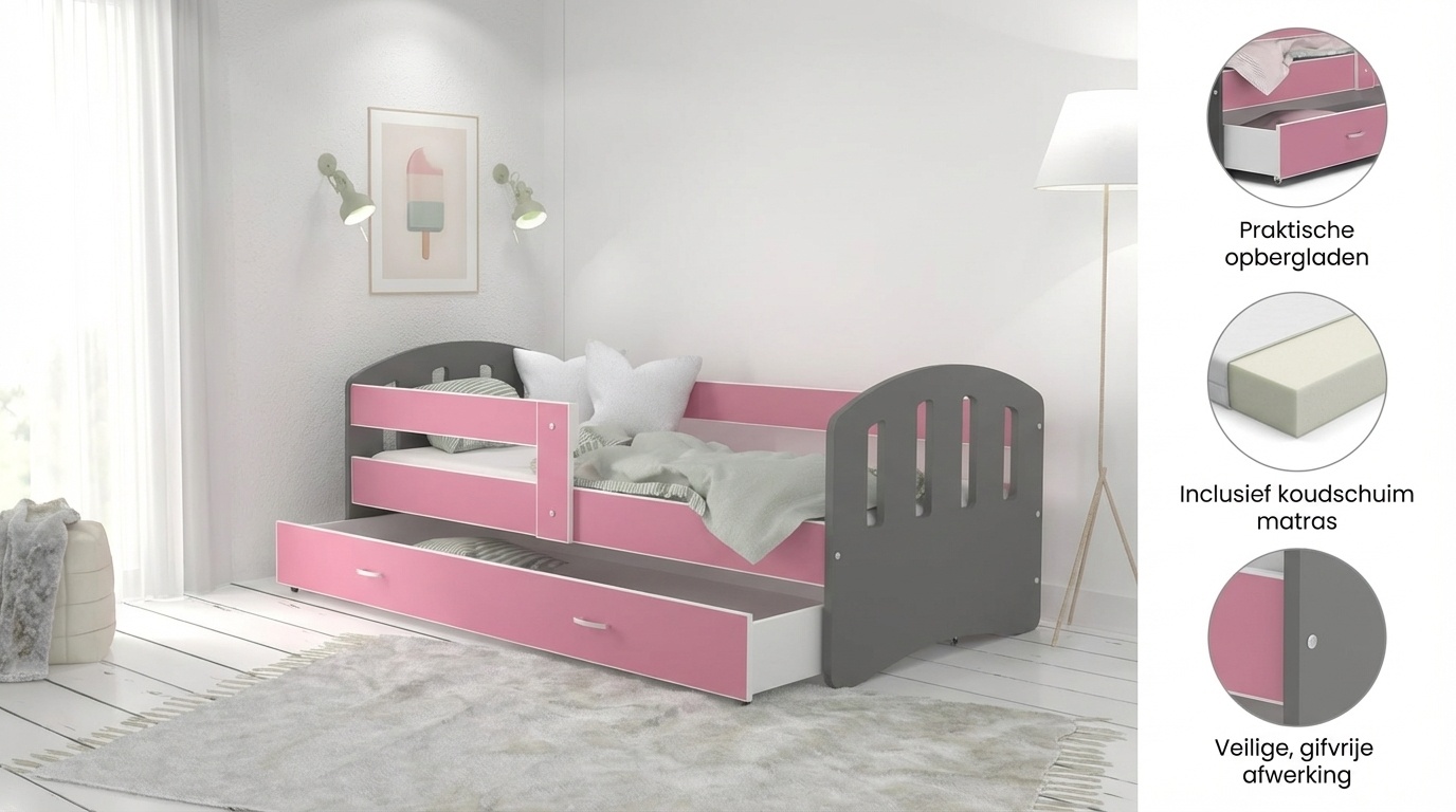 Kinderbed grijs roze | 140x80cm | Houten bed met lade
