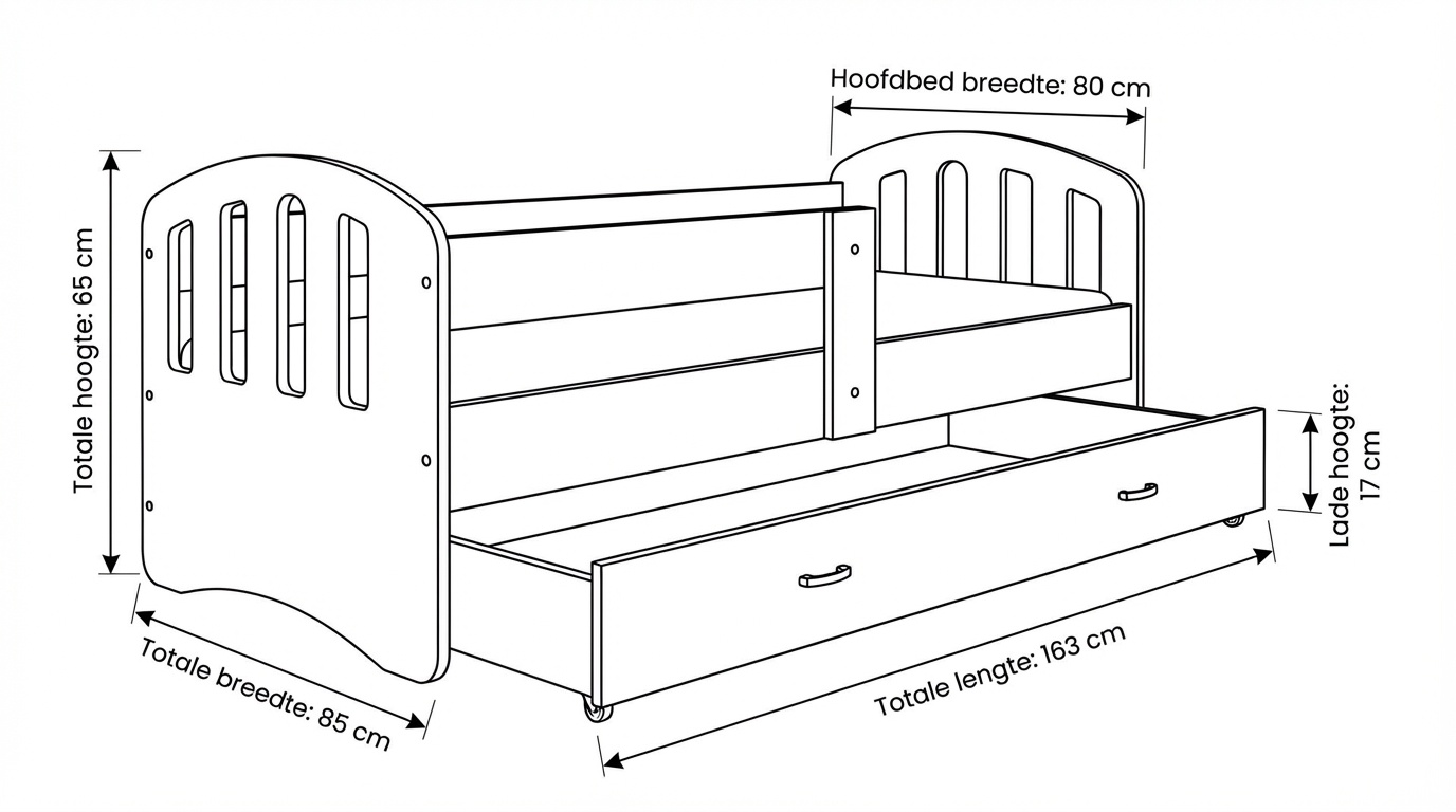 Kinderbed grijs roze | 140x80cm | Houten bed met lade