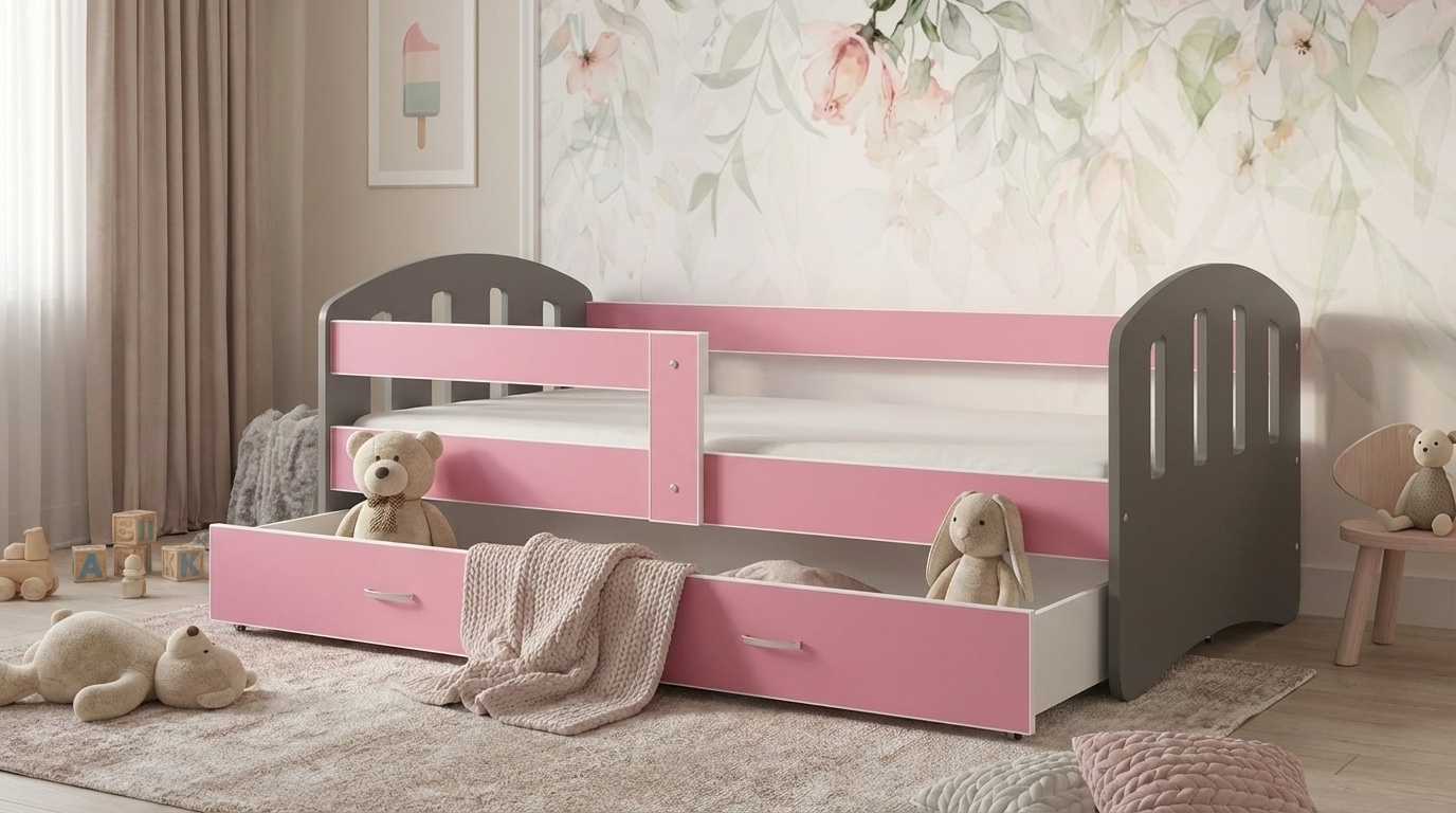 Kinderbed grijs roze | 140x80cm | Houten bed met lade