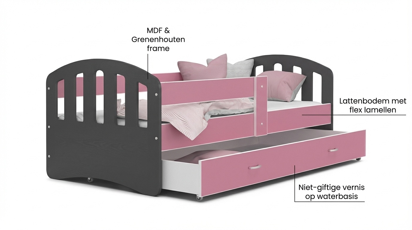 Kinderbed grijs roze | 140x80cm | Houten bed met lade