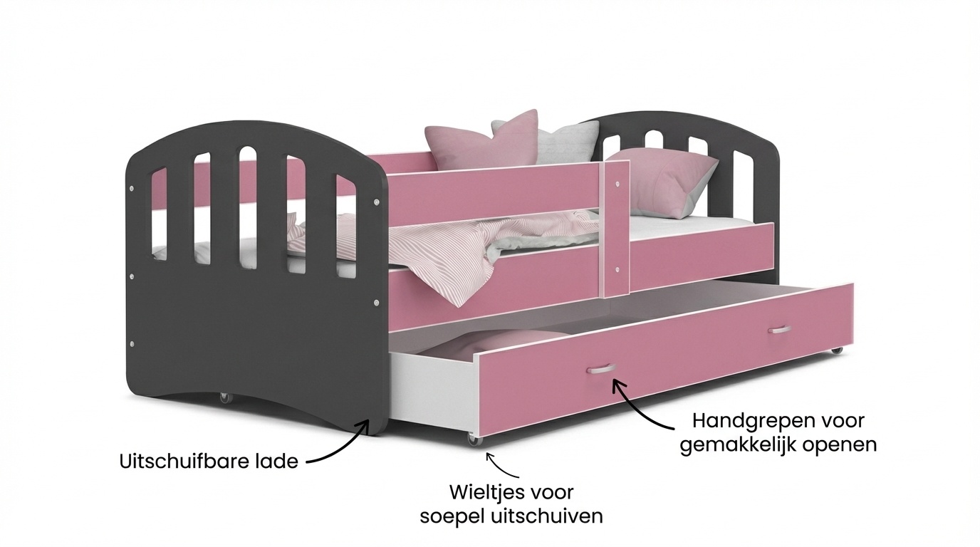 Kinderbed grijs roze | 140x80cm | Houten bed met lade