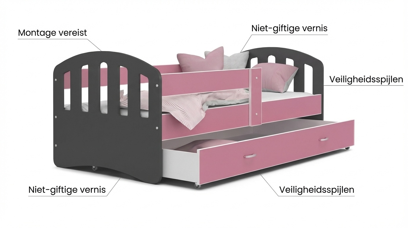 Kinderbed grijs roze | 140x80cm | Houten bed met lade