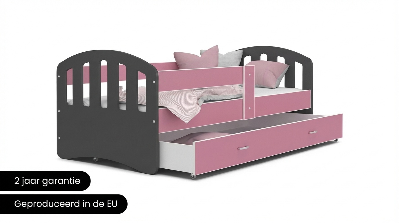 Kinderbed grijs roze | 140x80cm | Houten bed met lade