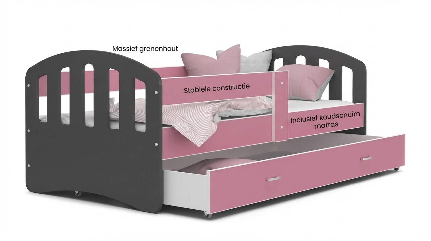 Kinderbed grijs roze | 140x80cm | Houten bed met lade